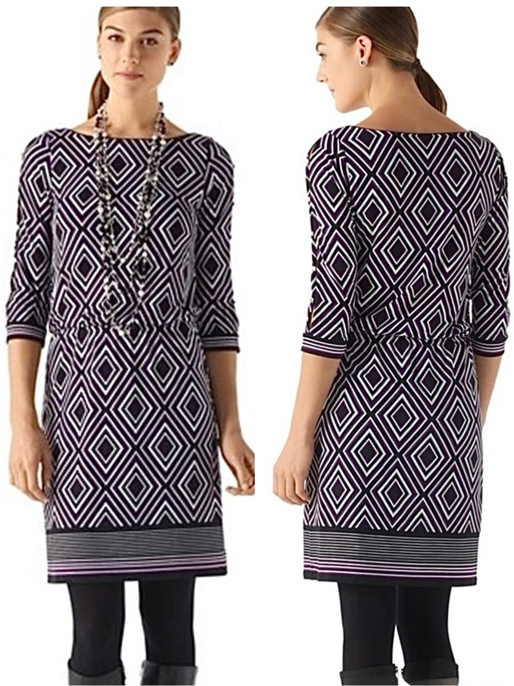 WHBM PURPLE & BLACK GEO PRINT SPLIT SLEEVE BOUSON DRESS